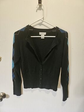 Worthington Black Button-Front Cardigan with Blue Argyle Sleeves